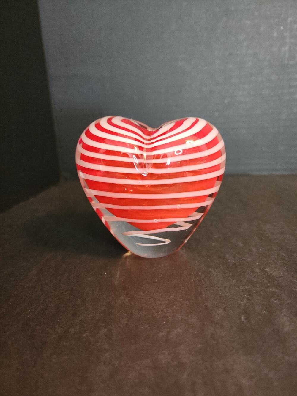 Vtg Red Cased Art Glass Heart Bud Vase White Swirls 4" Paper Weight